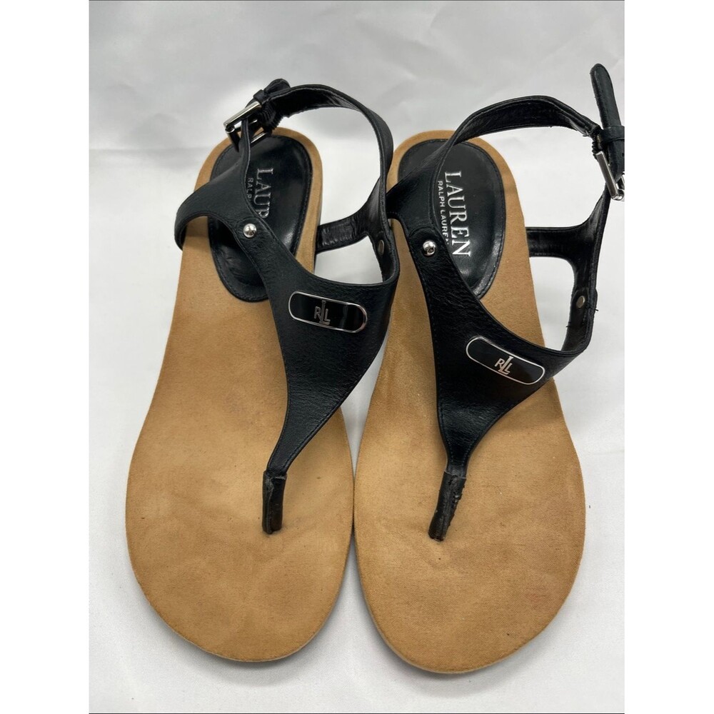 Lauren Ralph Lauren Leather T- Strap Black Wedge Thong Sandal